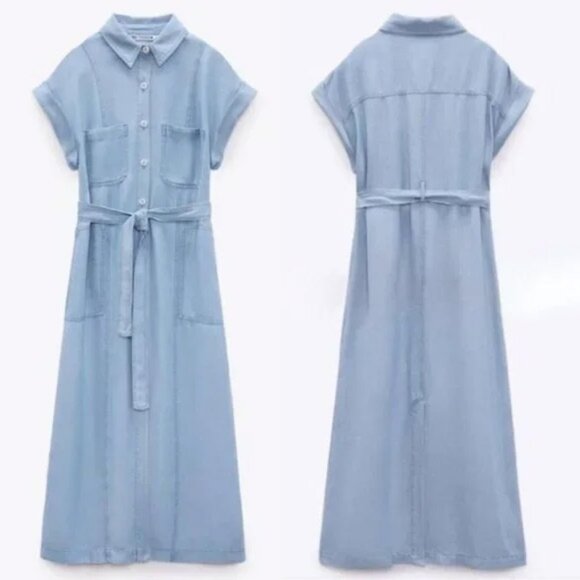 Zara Linen Blend Button Down Blue Chambray Midi Shirt Dress XL Soft Light Denim - Picture 16 of 16